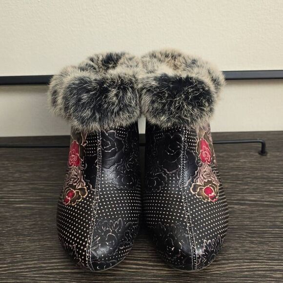 L`ARTISTE JANIS CLOGS, black/tan leather with red roses and faux fur trim, NWOB, - Picture 1 of 8